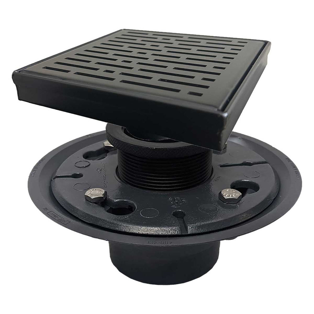 SereneDrains Square Shower Drain Kit with Base - Broken Lane - Matte Black - 6 Inch