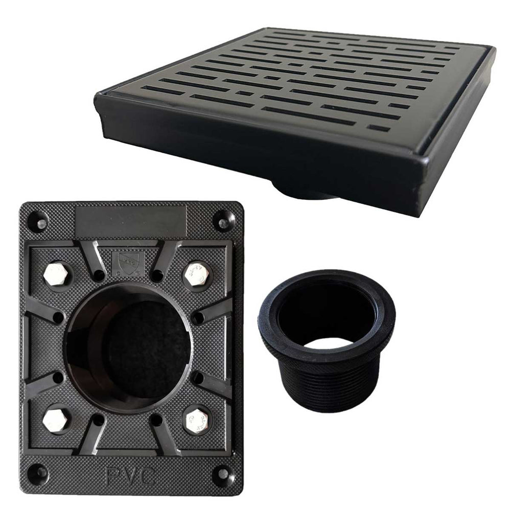 SereneDrains Square Shower Drain Kit with Base - Broken Lane - Matte Black - 6 Inch