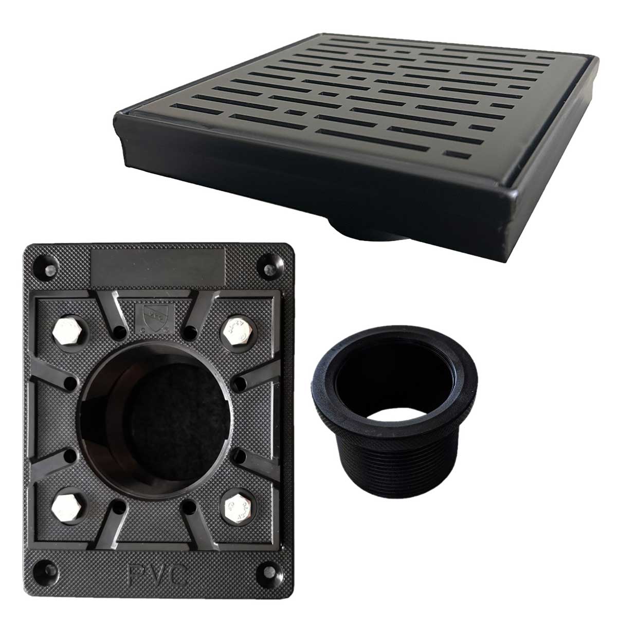 SereneDrains Square Shower Drain Kit with Base - Broken Lane - Matte Black - 6 Inch