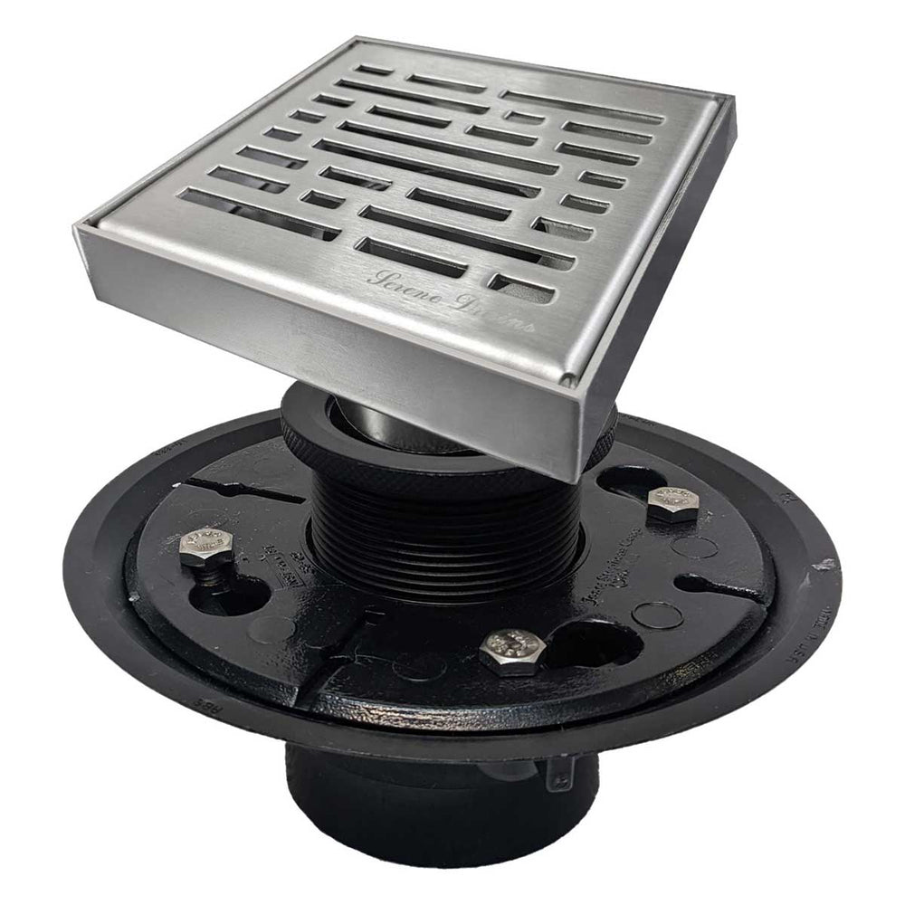 SereneDrains Square Shower Drain Kit with Base - Broken Lane - Brushed Nickel - 6 Inch