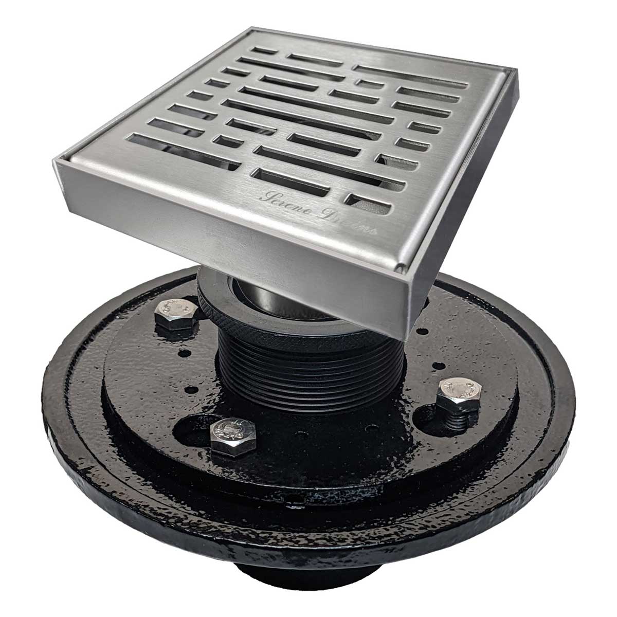 SereneDrains Square Shower Drain Kit with Base - Broken Lane - Brushed Nickel - 6 Inch