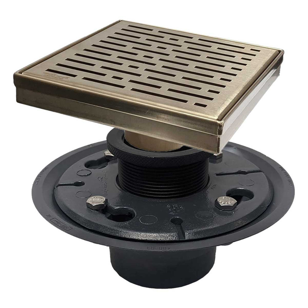 SereneDrains Square Shower Drain Kit with Base - Broken Lane - Matte Gold - 6 Inch
