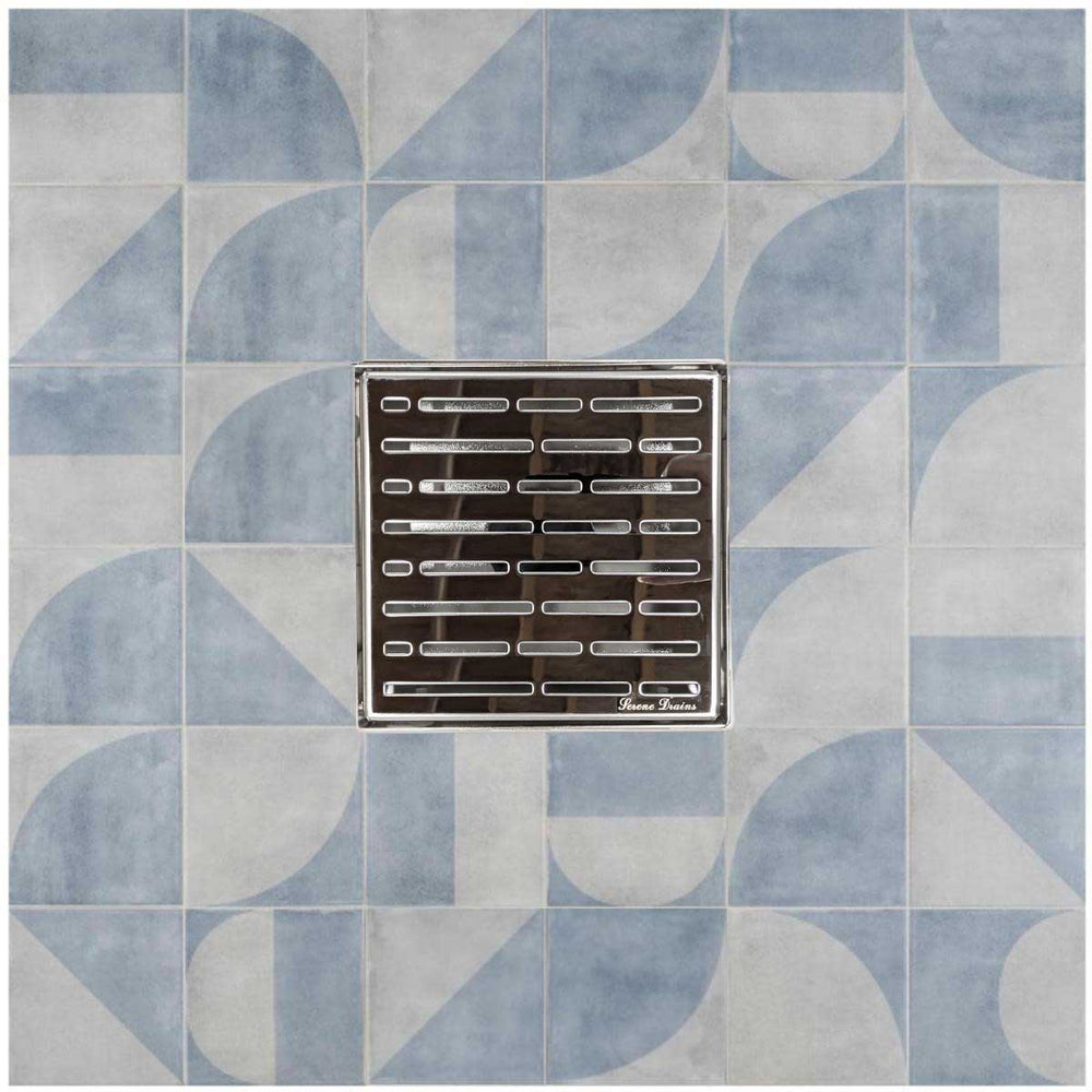 SereneDrains Square Shower Drain Kit with Base - Broken Lane - Polished Chrome - 6 Inch