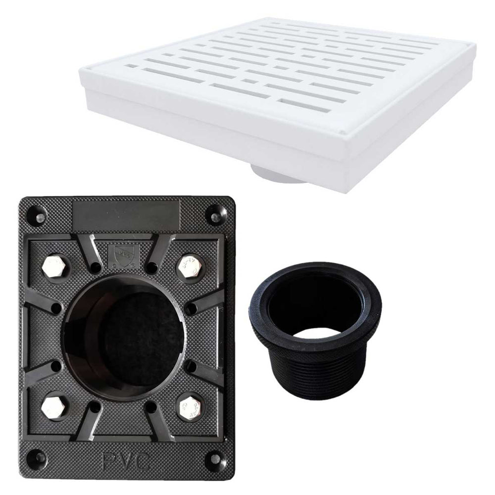 Set of plumbing components including a white square drain cover, black PVC drain cover, and black plastic cup on a white background.