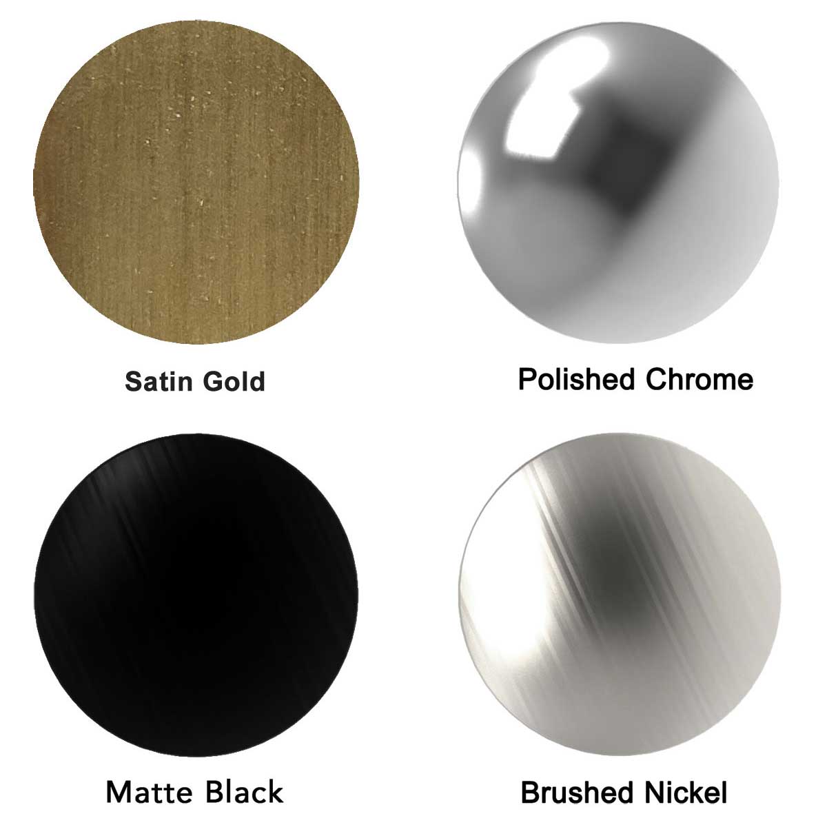 Color swatches of Satin Gold, Polished Chrome, Matte Black, and Brushed Nickel on a white background.