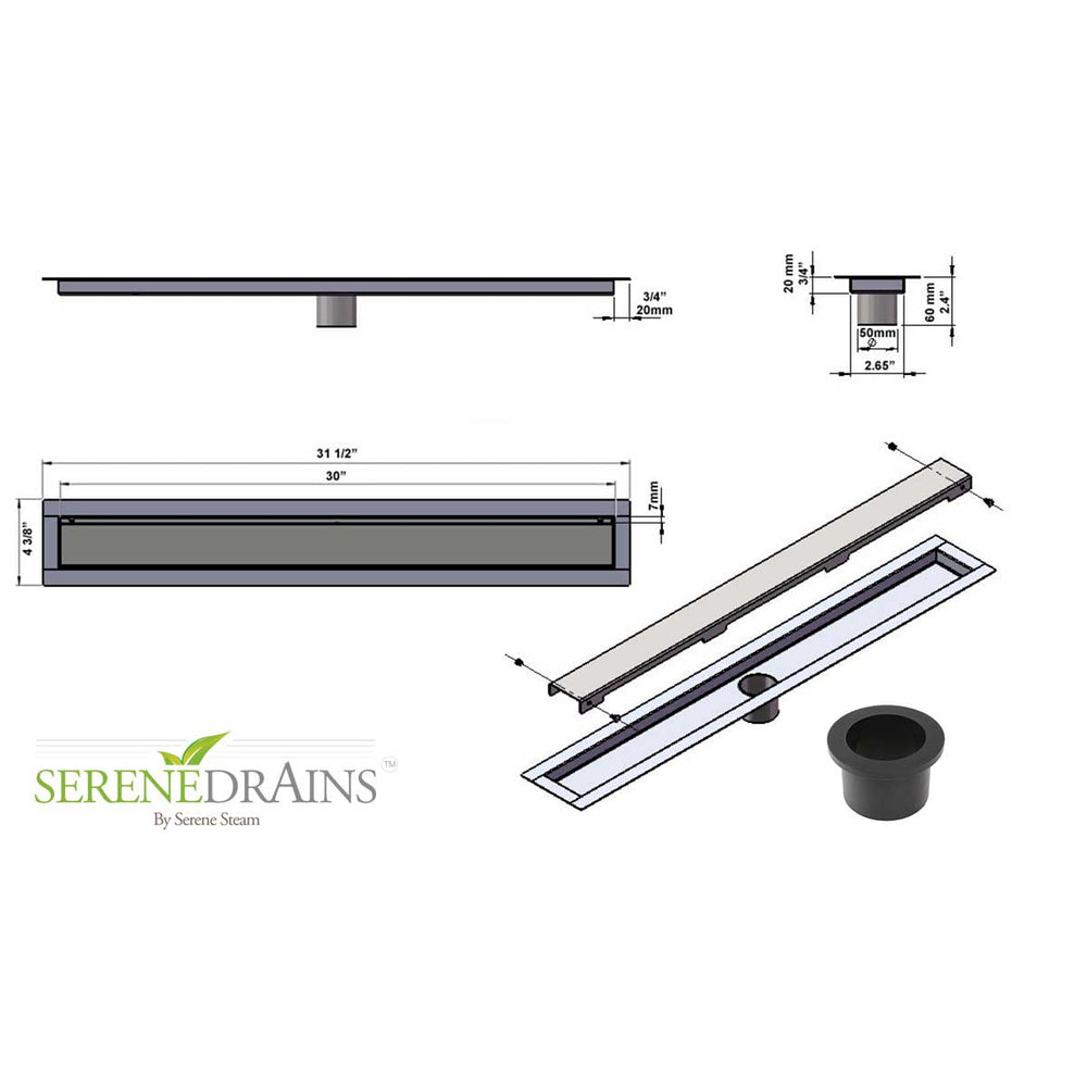 Serenedrains shower drain system with dimensions and specifications on a white background