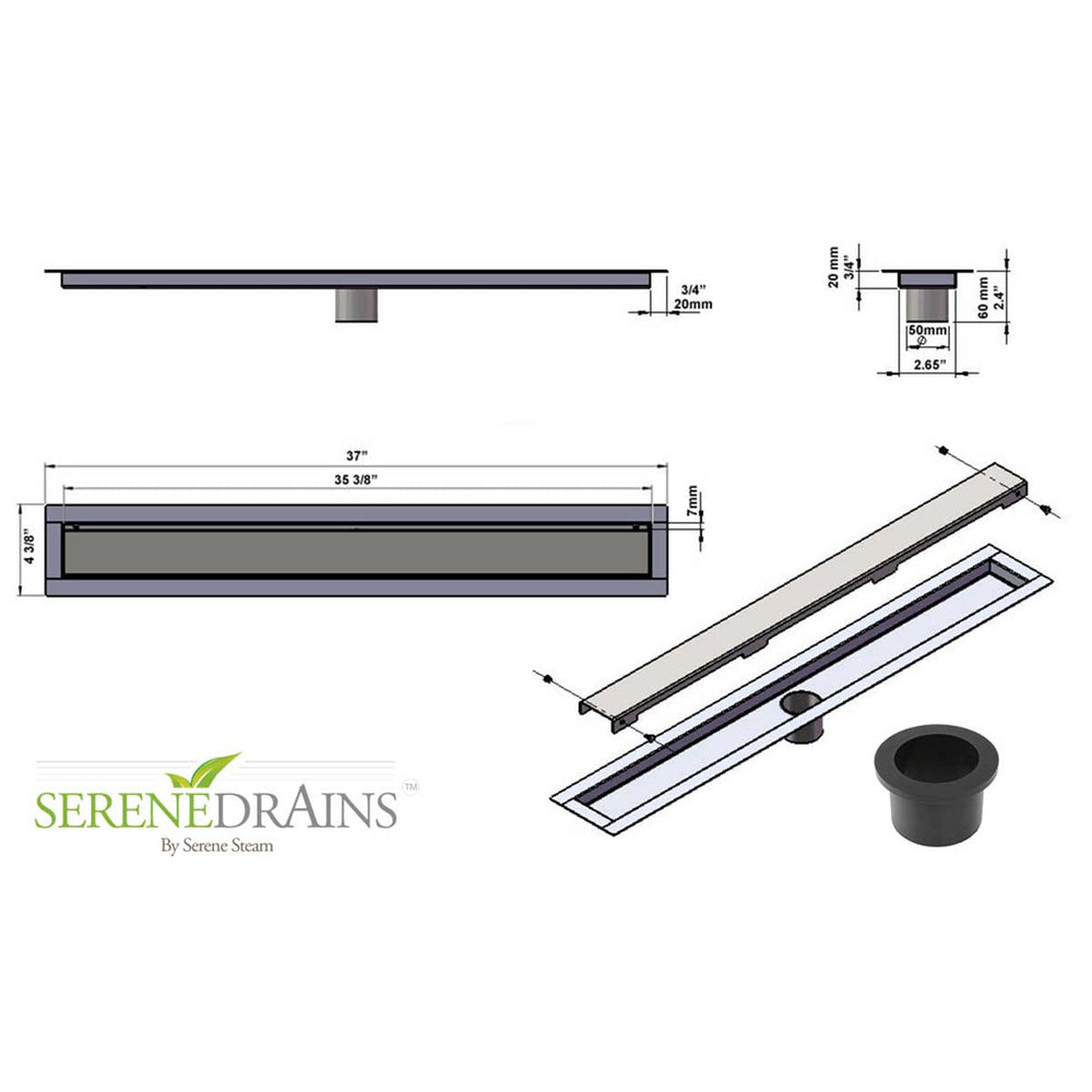 Serenedrains shower drain system with dimensions and specifications on a white background