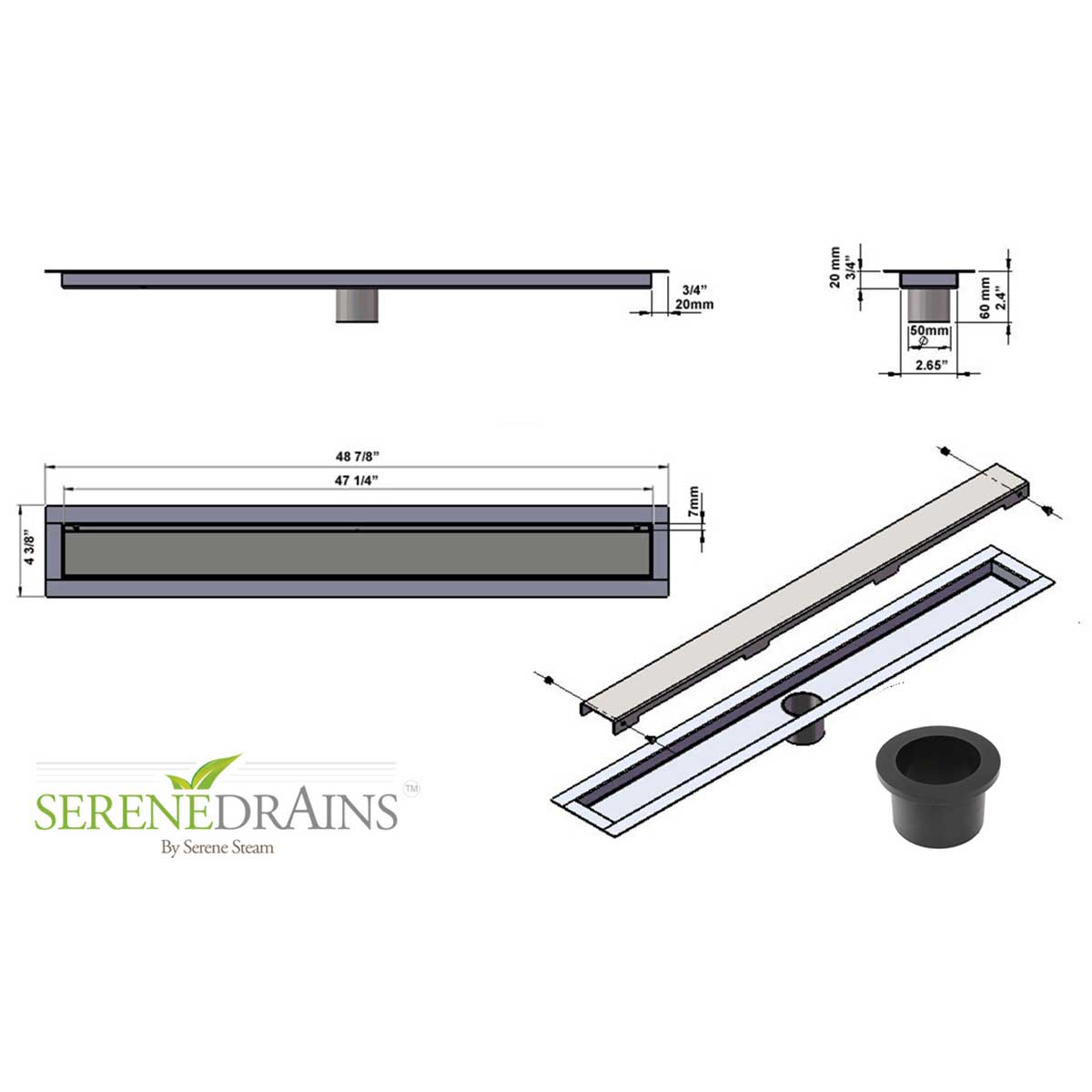 Serenedrains shower drain system with dimensions and specifications on a white background