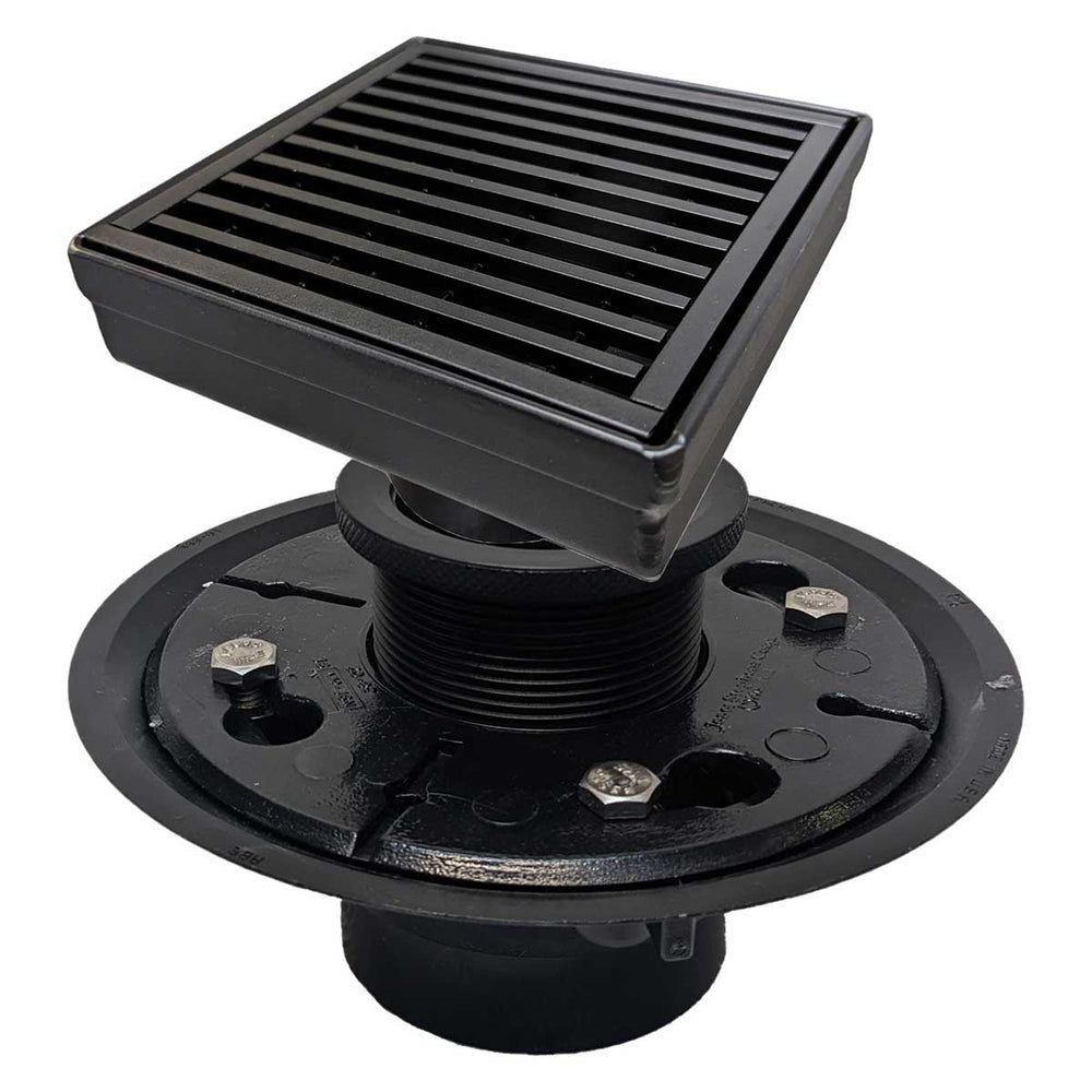 SereneDrains Square Shower Drain Kit with Base - Linear Wedge - Matte Black - 4 Inch