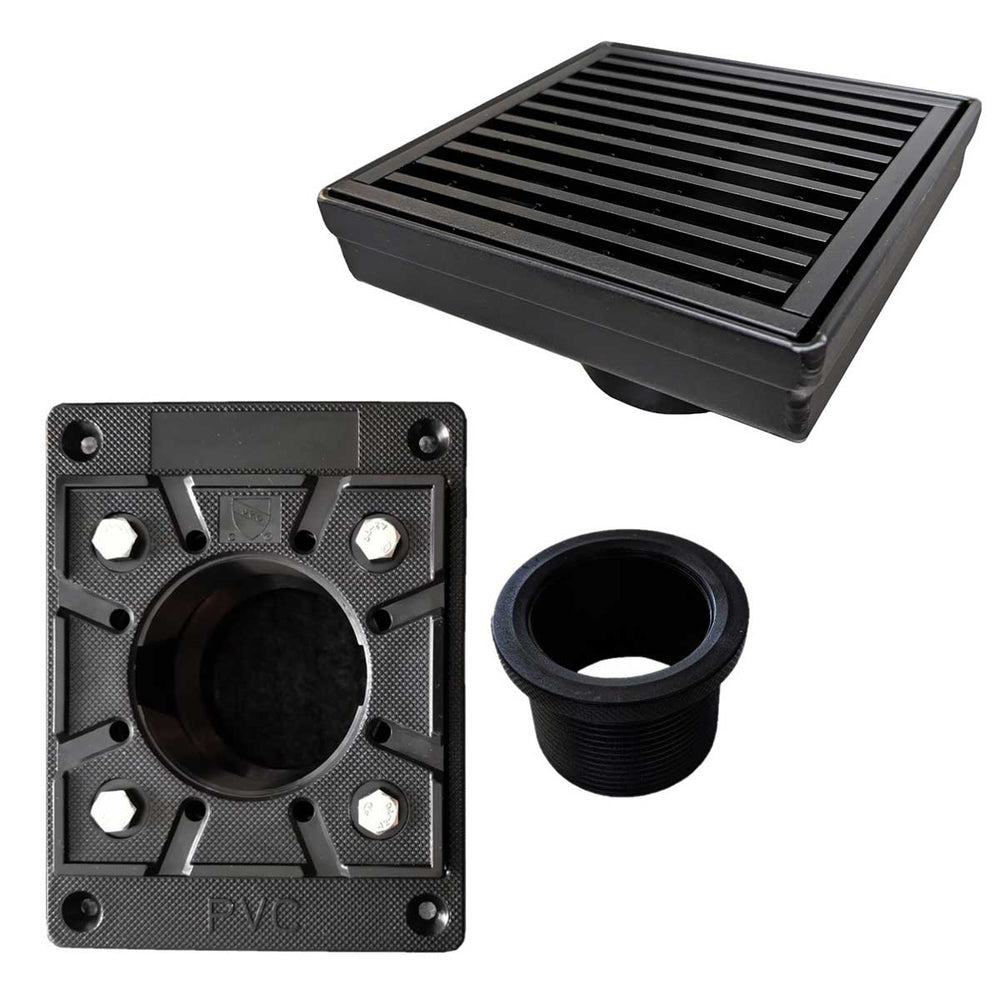 SereneDrains Square Shower Drain Kit with Base - Linear Wedge - Matte Black - 4 Inch