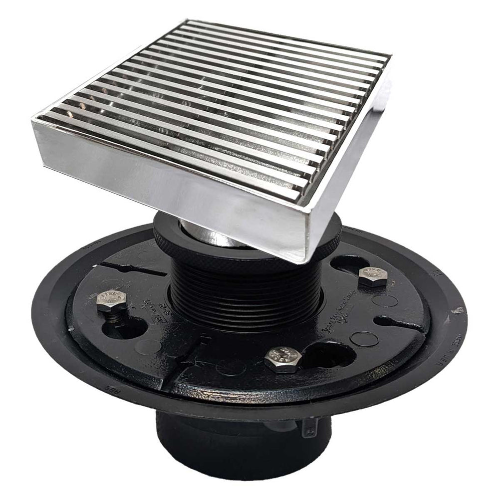 SereneDrains Square Shower Drain Kit with Base - Linear Wedge - Polished Chrome - 4 Inch
