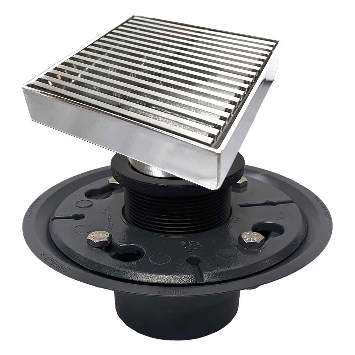 SereneDrains Square Shower Drain Kit with Base - Linear Wedge - Polished Chrome - 4 Inch