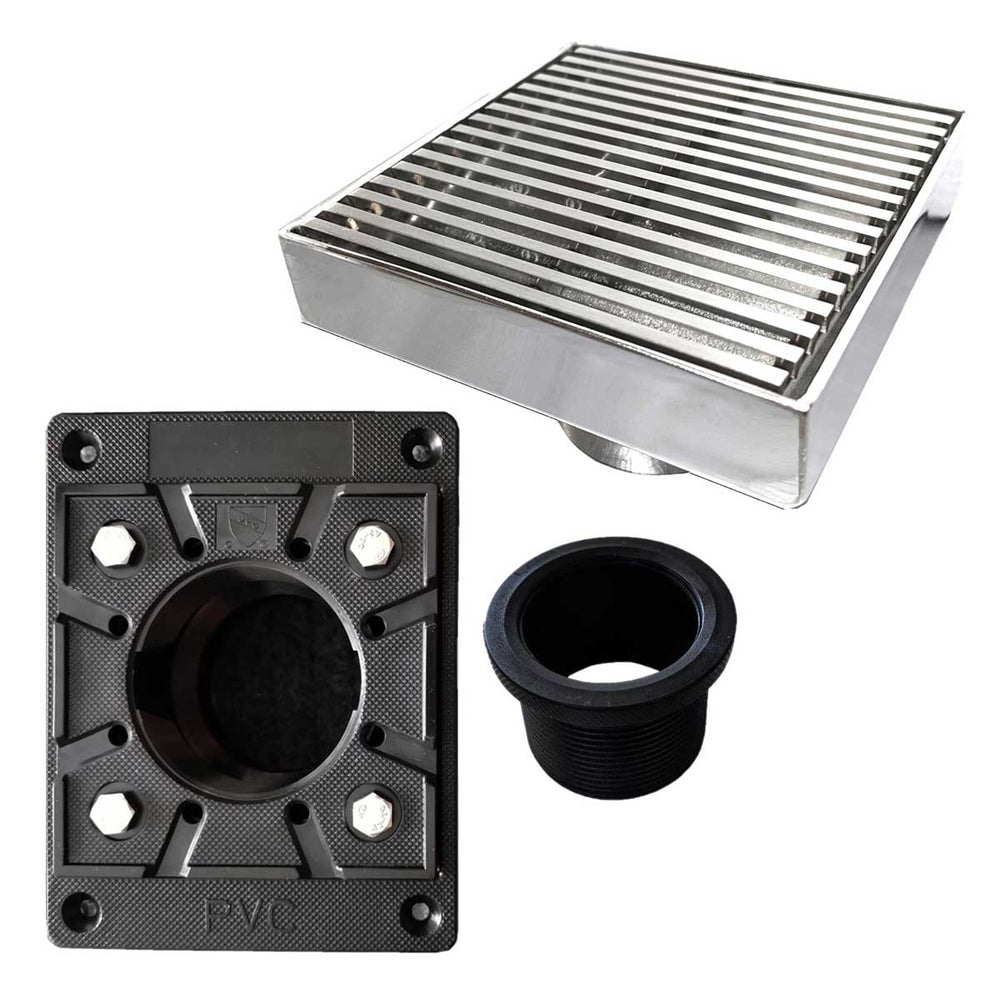 SereneDrains Square Shower Drain Kit with Base - Linear Wedge - Polished Chrome - 4 Inch