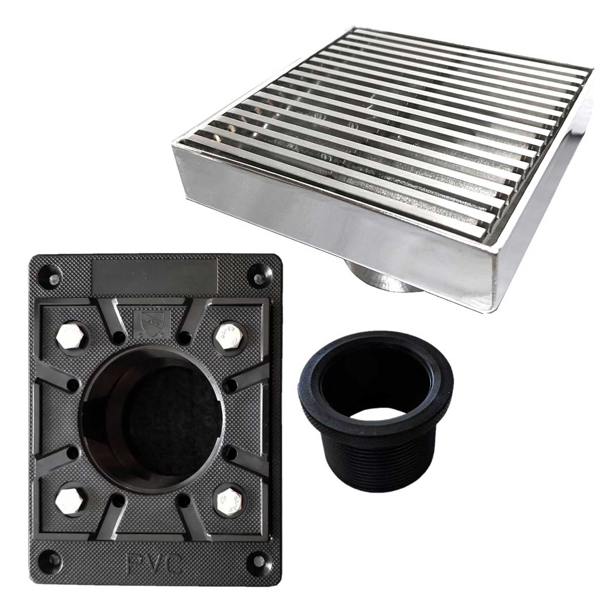 SereneDrains Square Shower Drain Kit with Base - Linear Wedge - Polished Chrome - 4 Inch