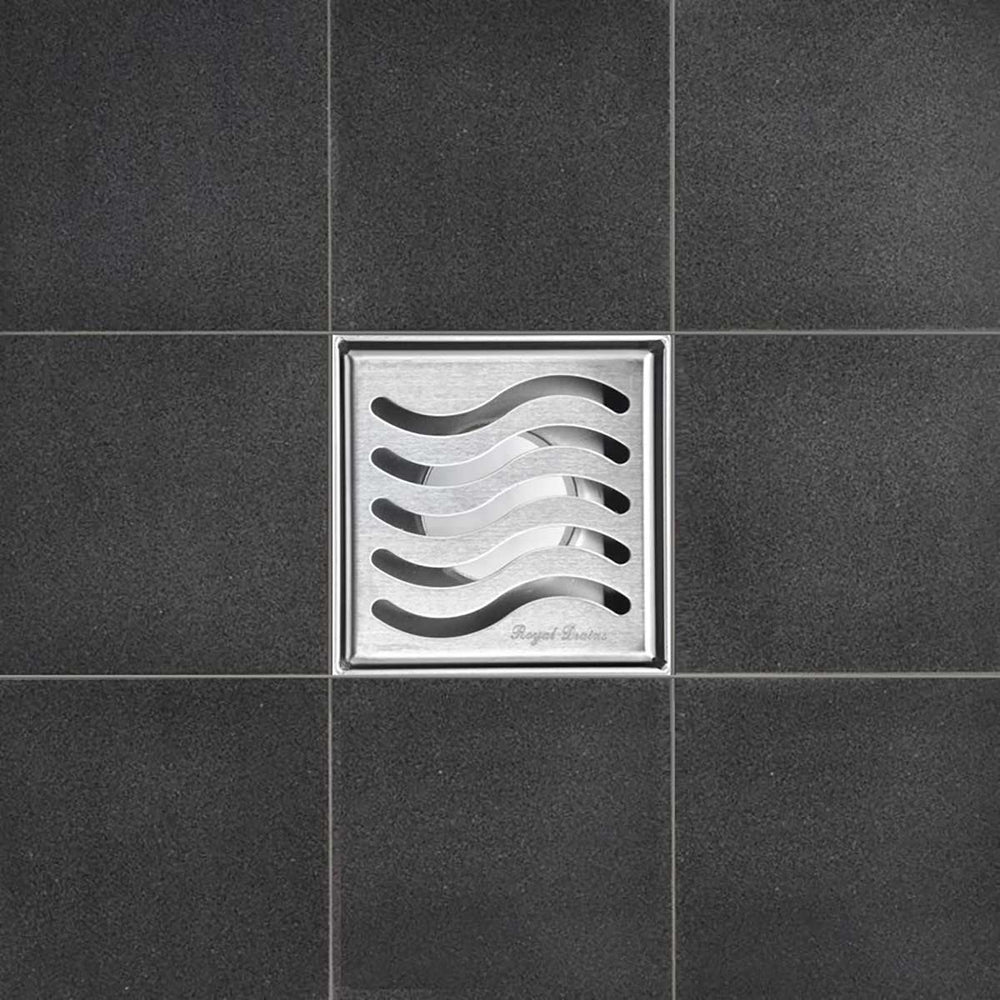 SereneDrains Square Shower Drain Ocean Wave 4 Brushed