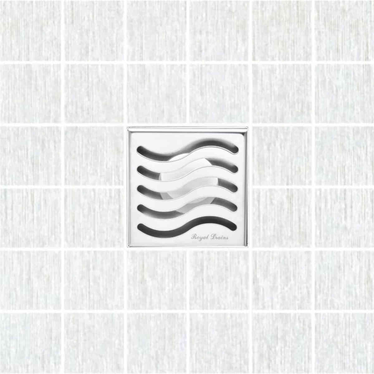 Serene Drains Square Shower Drain Ocean Wave Polished 4 Inch