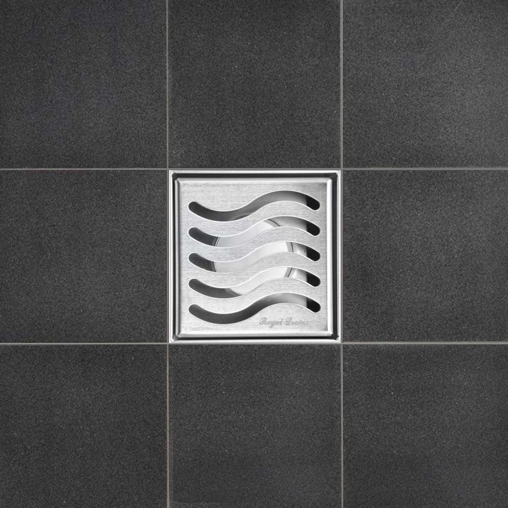 SereneDrains Square Shower Drain Kit with Base - Ocean Wave - Brushed Nickel - 4 Inch