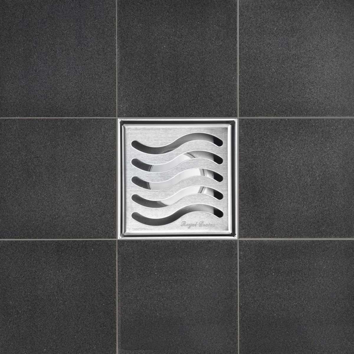 SereneDrains Square Shower Drain Kit with Base - Ocean Wave - Brushed Nickel - 4 Inch