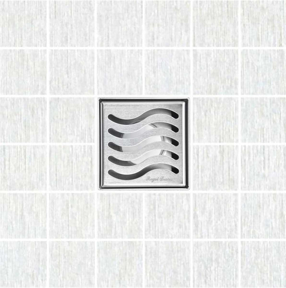 SereneDrains Square Shower Drain Kit with Base - Ocean Wave - Brushed Nickel - 4 Inch