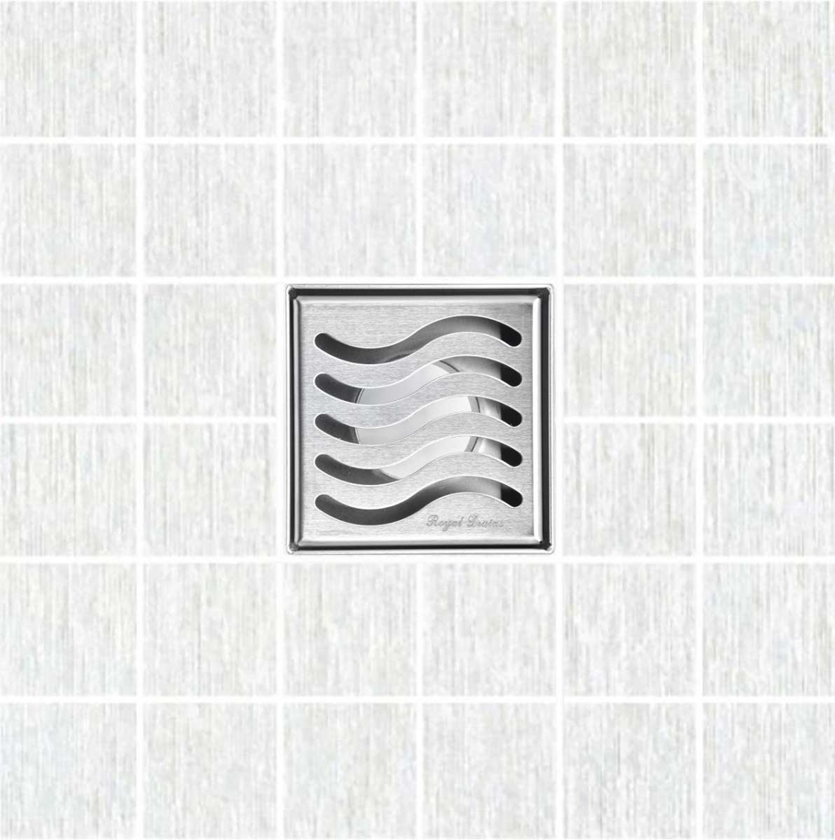 SereneDrains Square Shower Drain Kit with Base - Ocean Wave - Brushed Nickel - 4 Inch