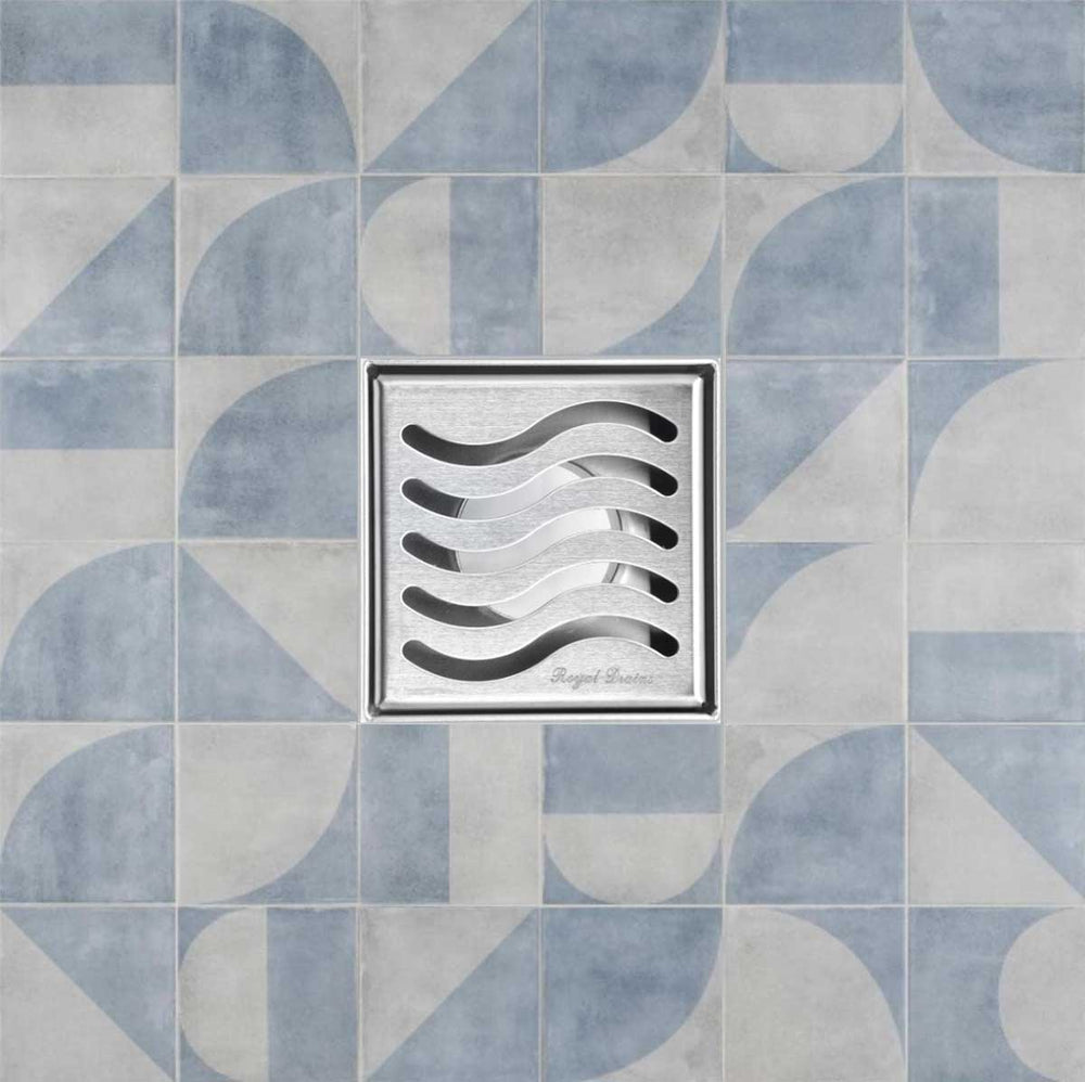 SereneDrains Square Shower Drain Kit with Base - Ocean Wave - Brushed Nickel - 4 Inch