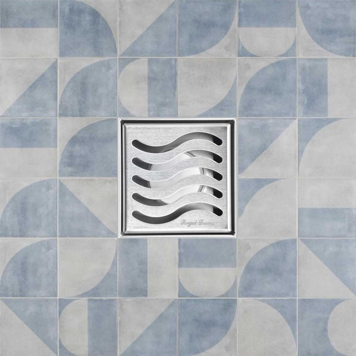 SereneDrains Square Shower Drain Kit with Base - Ocean Wave - Brushed Nickel - 4 Inch