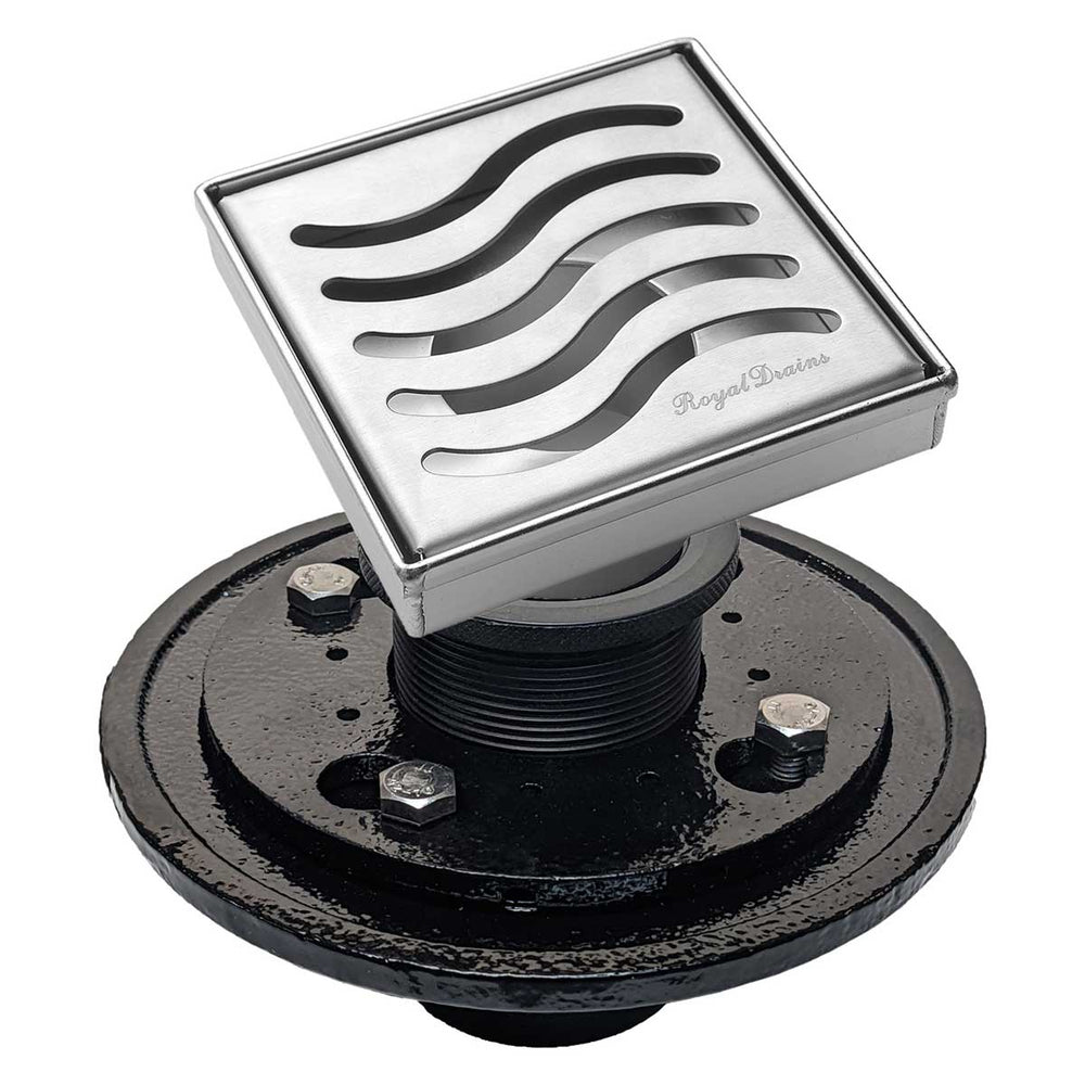 SereneDrains Square Shower Drain Kit with Base - Ocean Wave - Brushed Nickel - 4 Inch