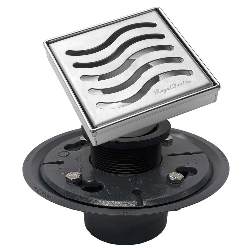 SereneDrains Square Shower Drain Kit with Base - Ocean Wave - Brushed Nickel - 4 Inch