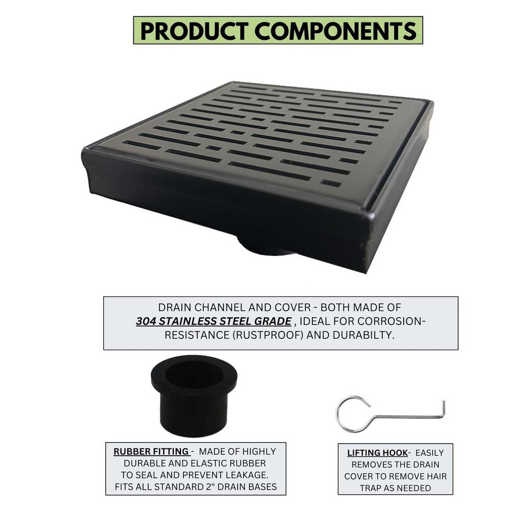 SereneDrains Square Shower Drain Broken Lane Matte Black 6