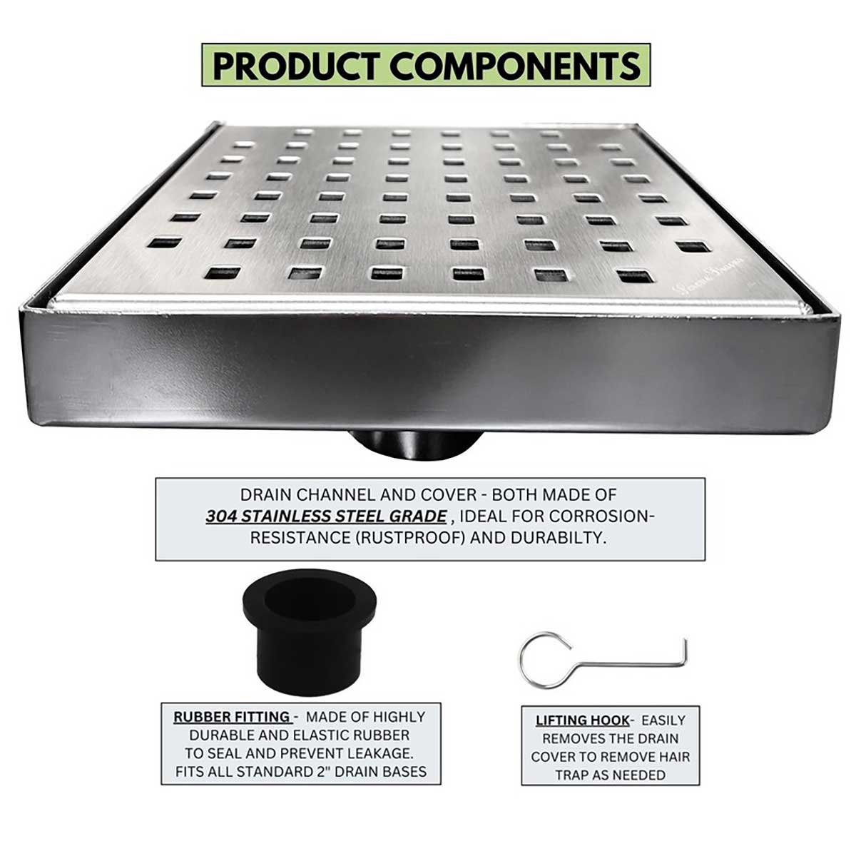 SereneDrains Square Shower Drain Traditional Square 6 BN