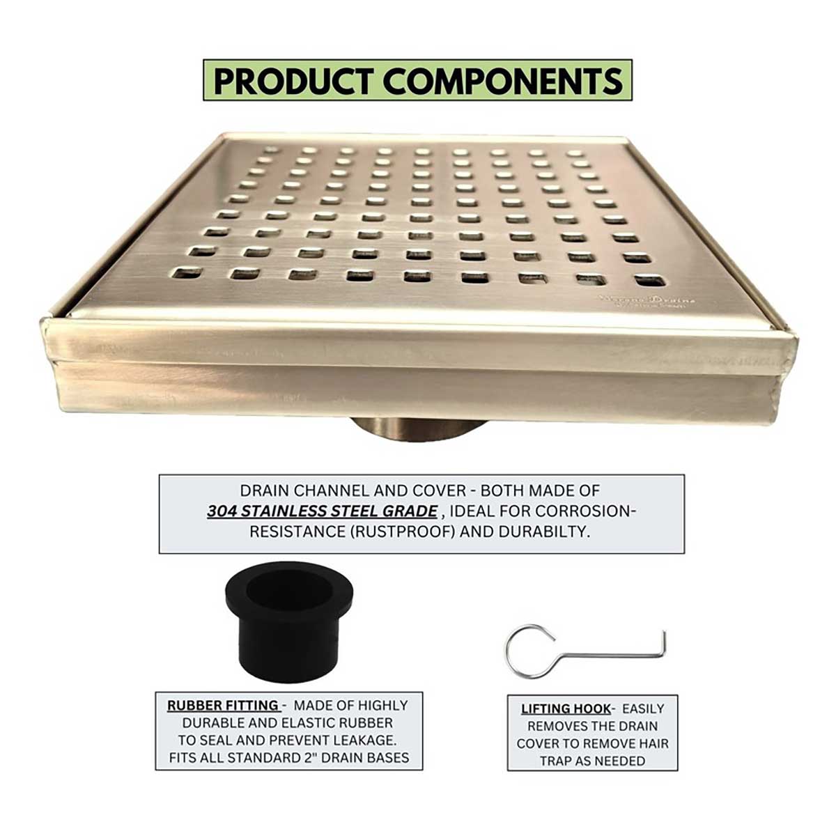 SereneDrains Square Shower Drain Traditional Square 6 Gold