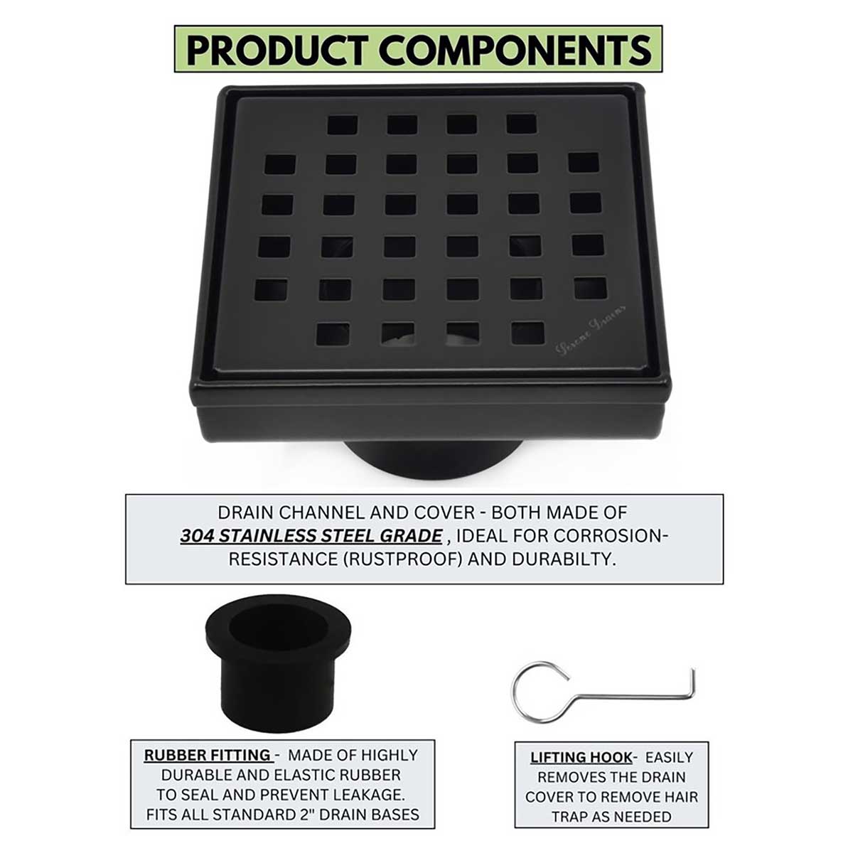 SereneDrains Square Shower Drain Traditional Square 4 Black