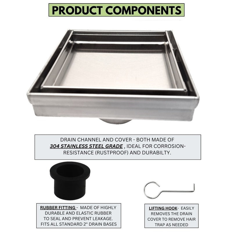 SereneDrains Square Shower Drain Tile Insert Brushed Stainless 5