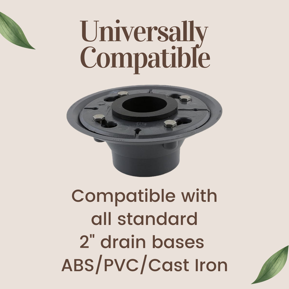 Black drain component with text indicating compatibility on a beige background