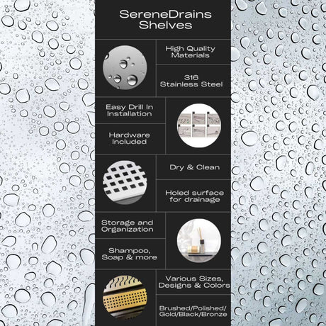 SereneDrains Shelves product card with features on a water droplet background