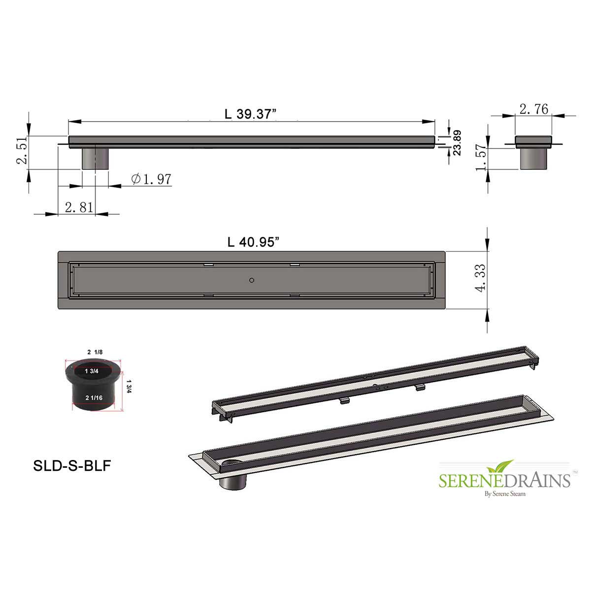 SereneDrains Linear Shower Drain Offset Outlet Broken Lane - Brushed 39