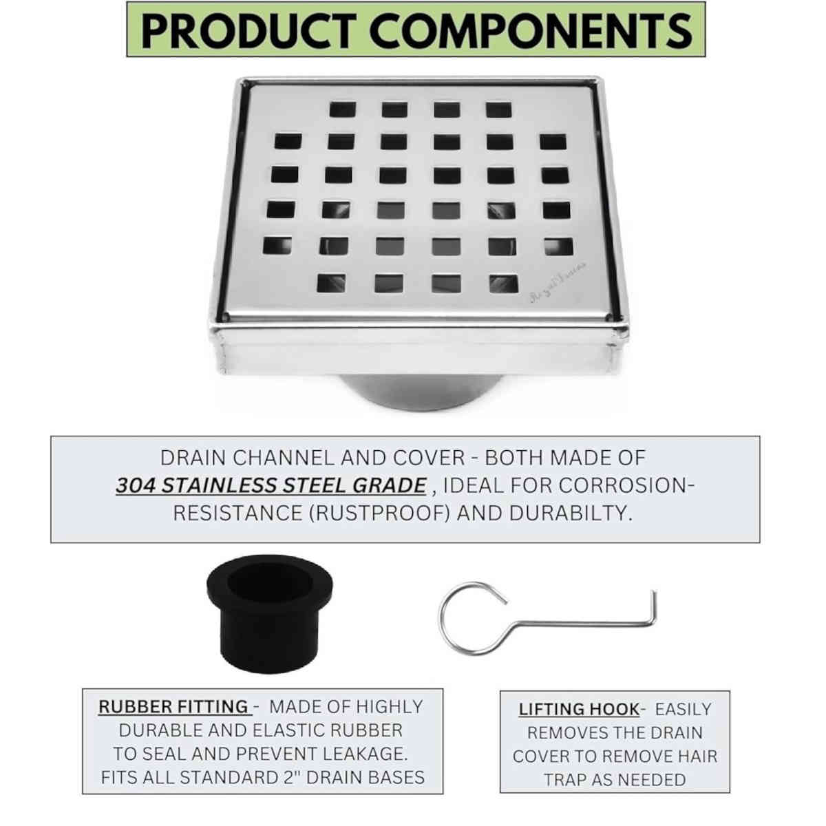 Serene Drains Traditional Square Shower Drain Polished 4 Inch