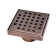 Bronze square drain cover with grid pattern on a white background