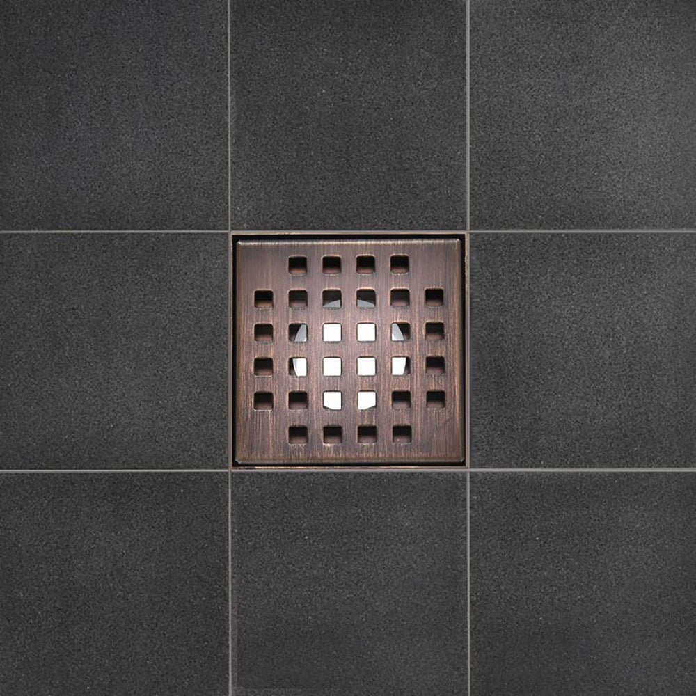 Serene Square Drain in Bronze over porcelain tile floor
