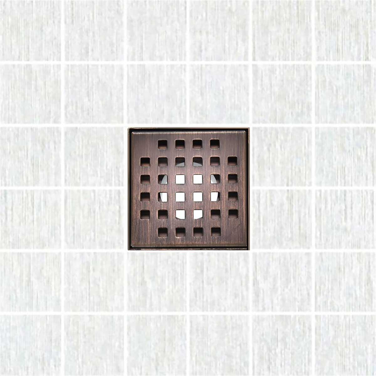 Serene Square Drain in Bronze over porcelain tile floor