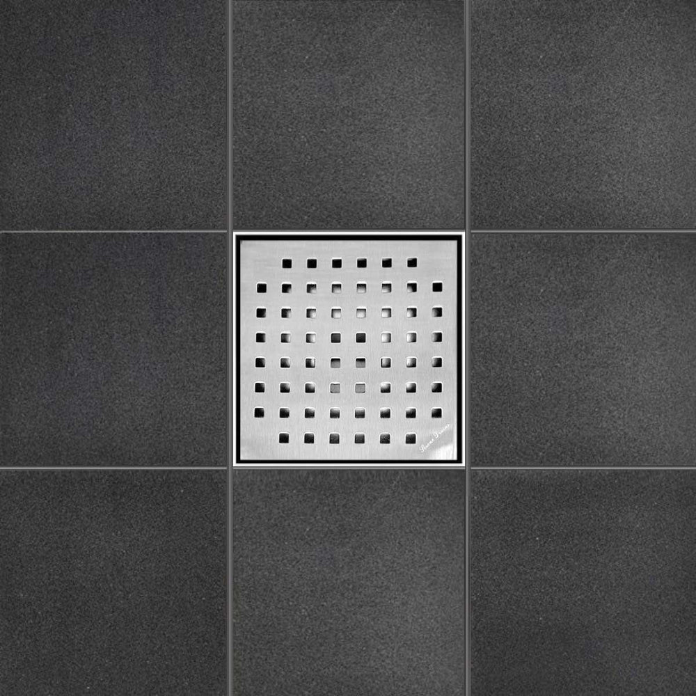 SereneDrains Square Shower Drain Kit with Base - Traditional Square - Brushed Nickel - 6 Inch