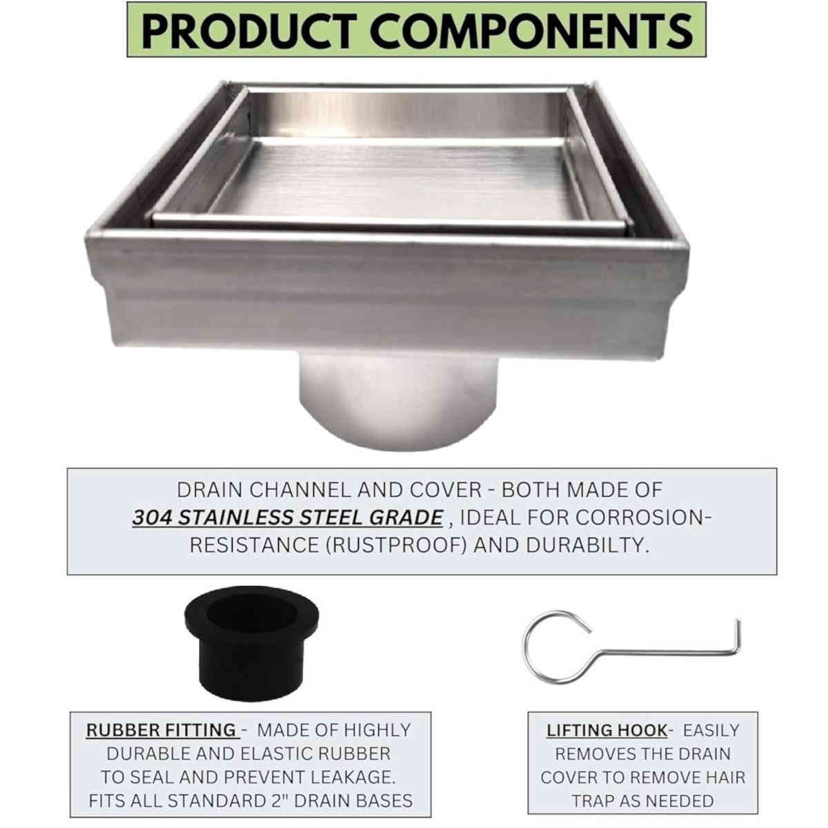 Serene Drains Square Shower Drain Tile Insert Brushed 4 Inch