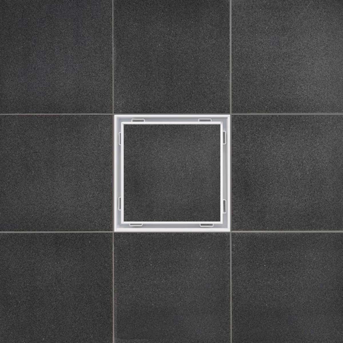 SereneDrains ABS Horizontal Side Discharge Outlet with Tile In Square Shower Drain Low Profile Assembly Reducer PVC Base Pipe Fitting P Trap