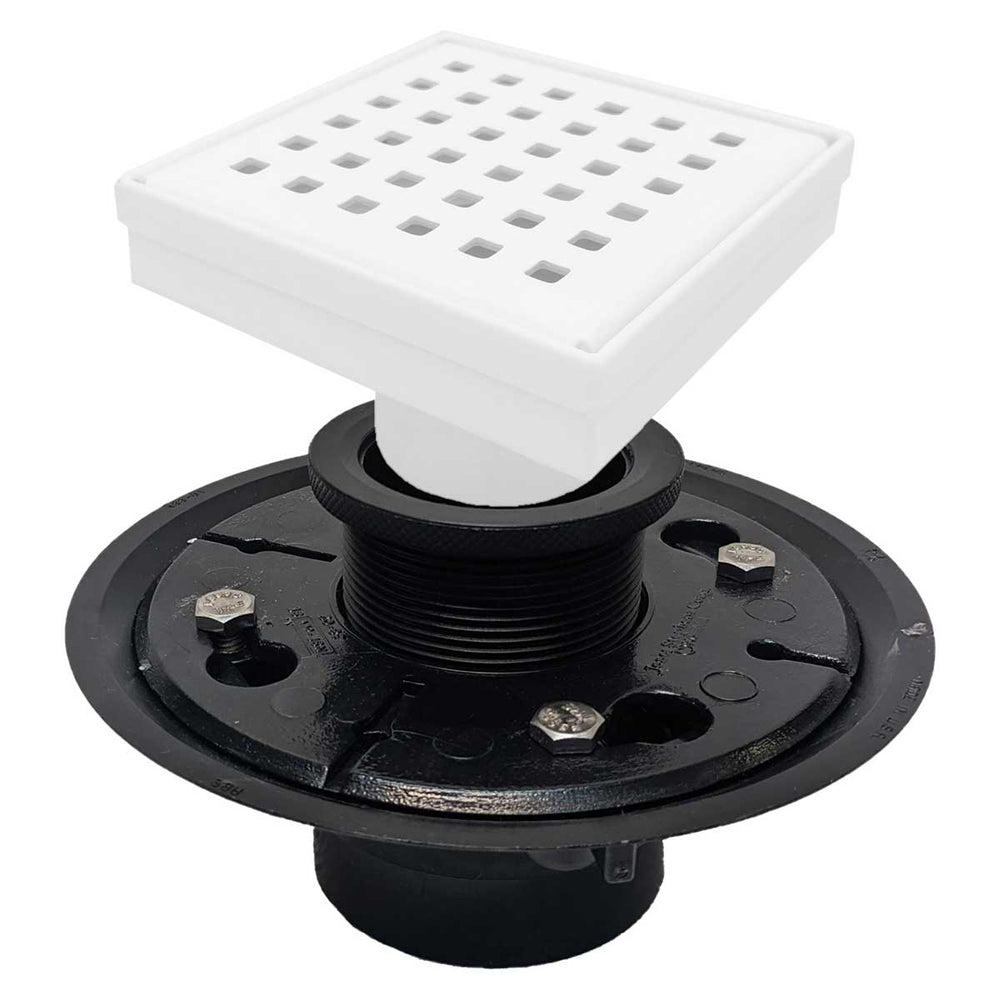 SereneDrains Square Shower Drain Kit with Base - Traditional Square - Matte White - 4 Inch