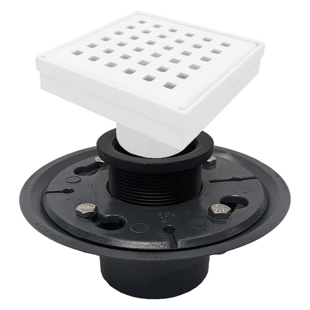 SereneDrains Square Shower Drain Kit with Base - Traditional Square - Matte White - 4 Inch