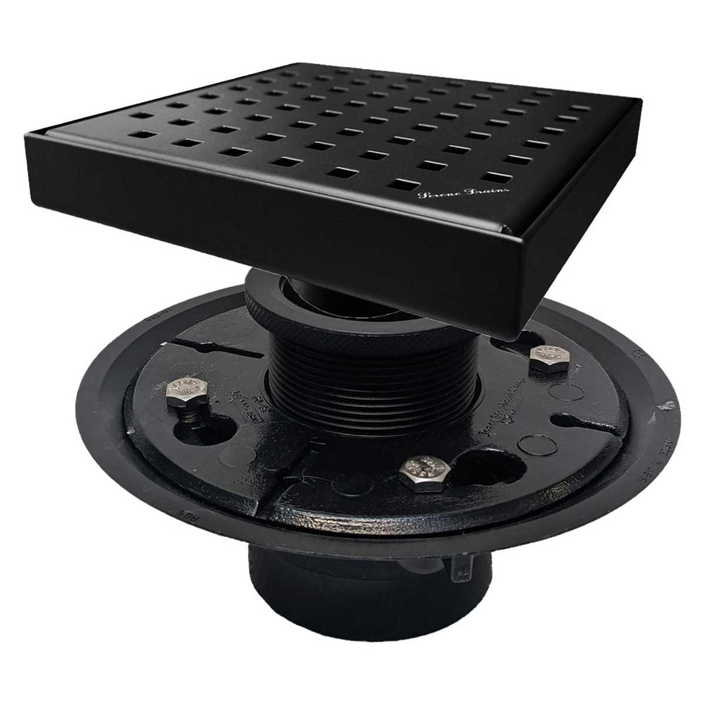 SereneDrains Square Shower Drain Kit with Base - Traditional Square - Matte Black - 6 Inch