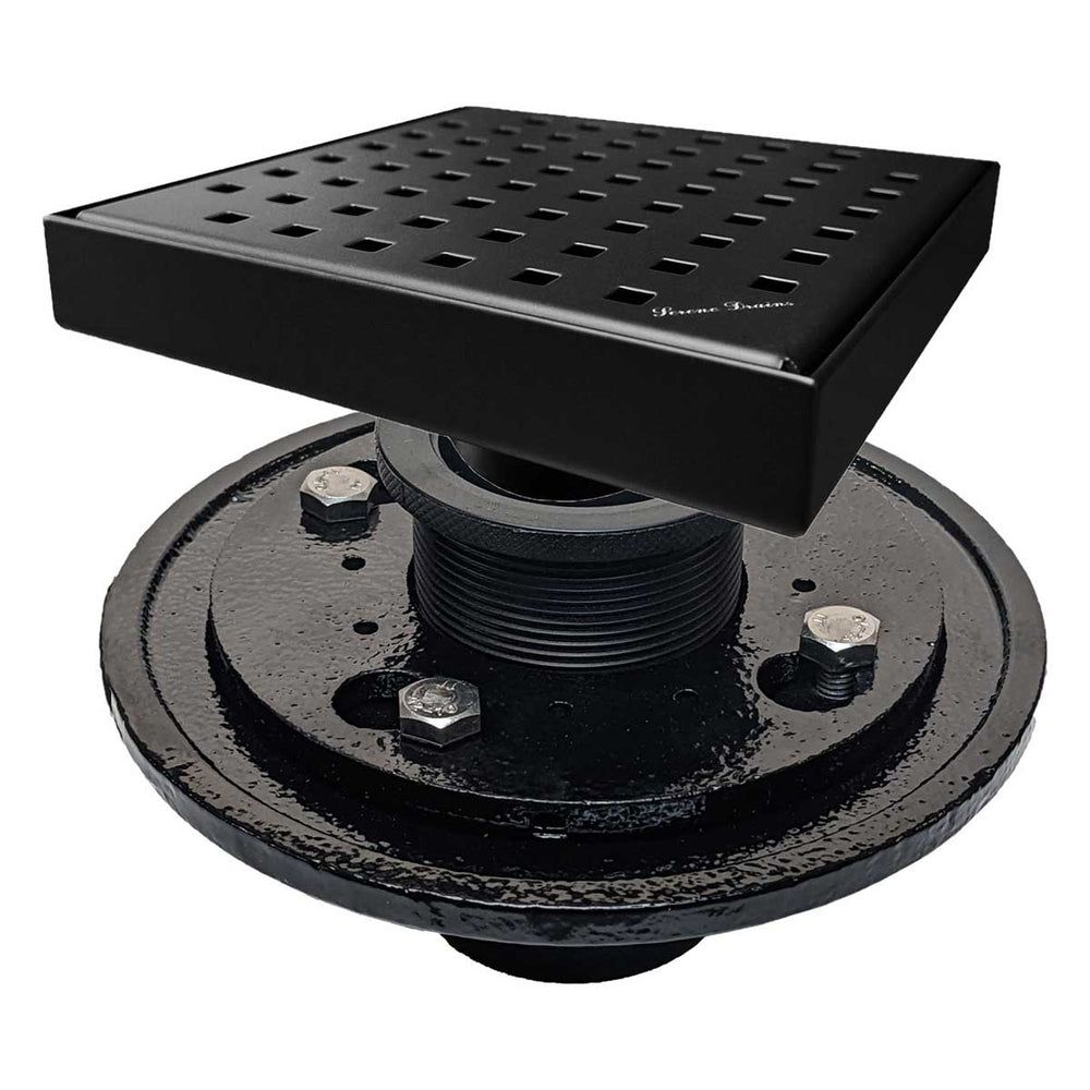 SereneDrains Square Shower Drain Kit with Base - Traditional Square - Matte Black - 6 Inch