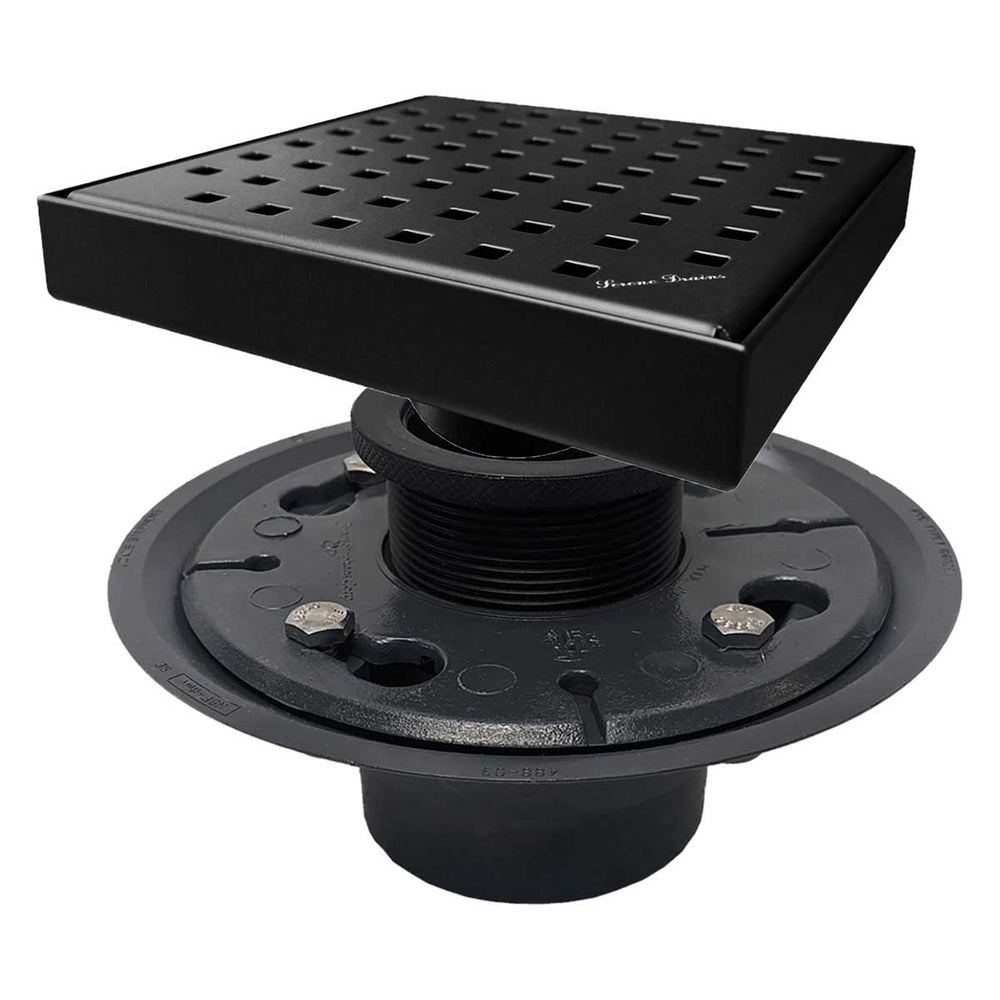 SereneDrains Square Shower Drain Kit with Base - Traditional Square - Matte Black - 6 Inch