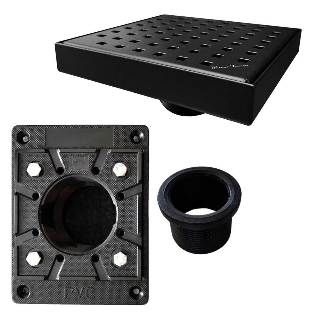 Set of black square and round drain components on a white background