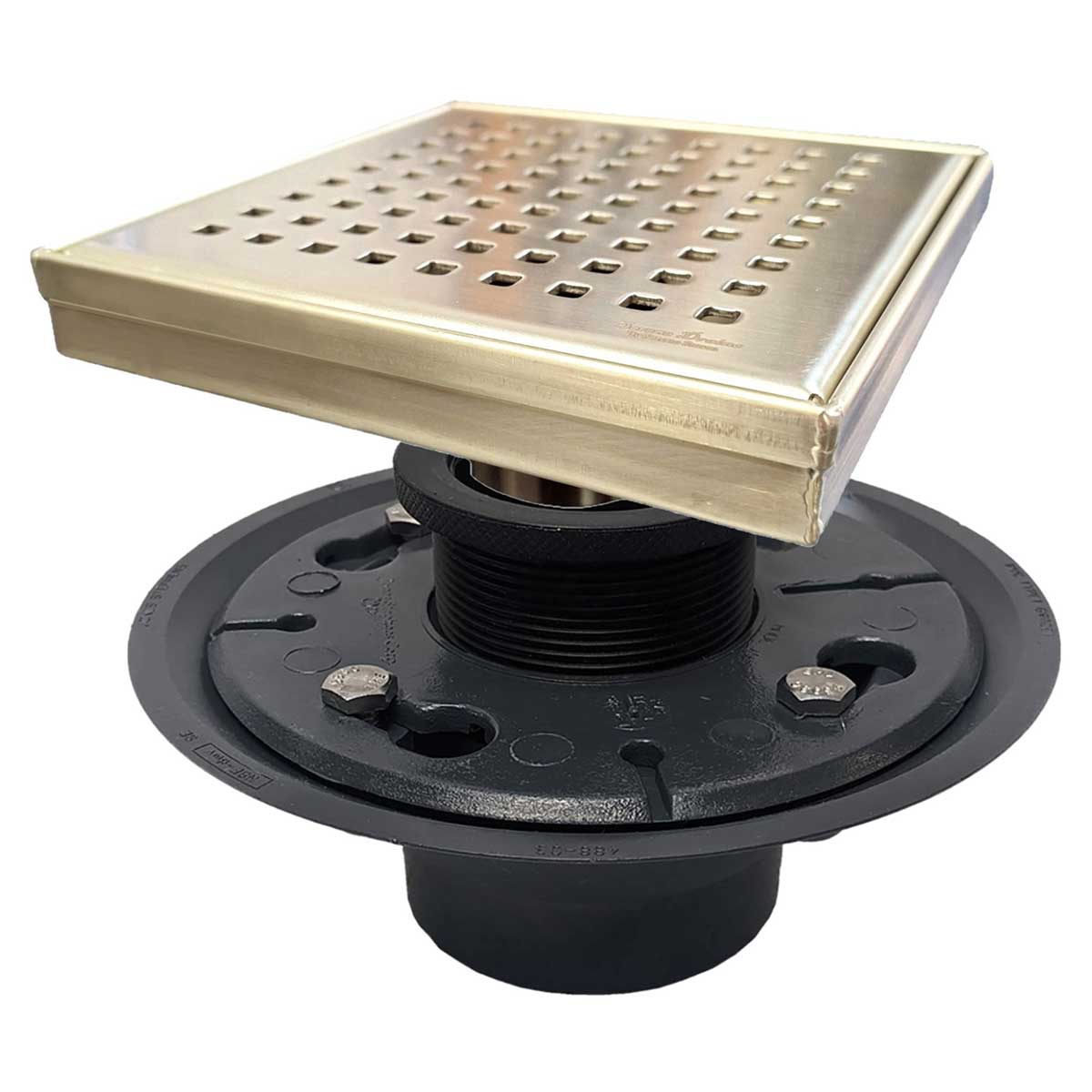 SereneDrains Square Shower Drain Kit with Base - Traditional Square - Matte Gold - 6 Inch
